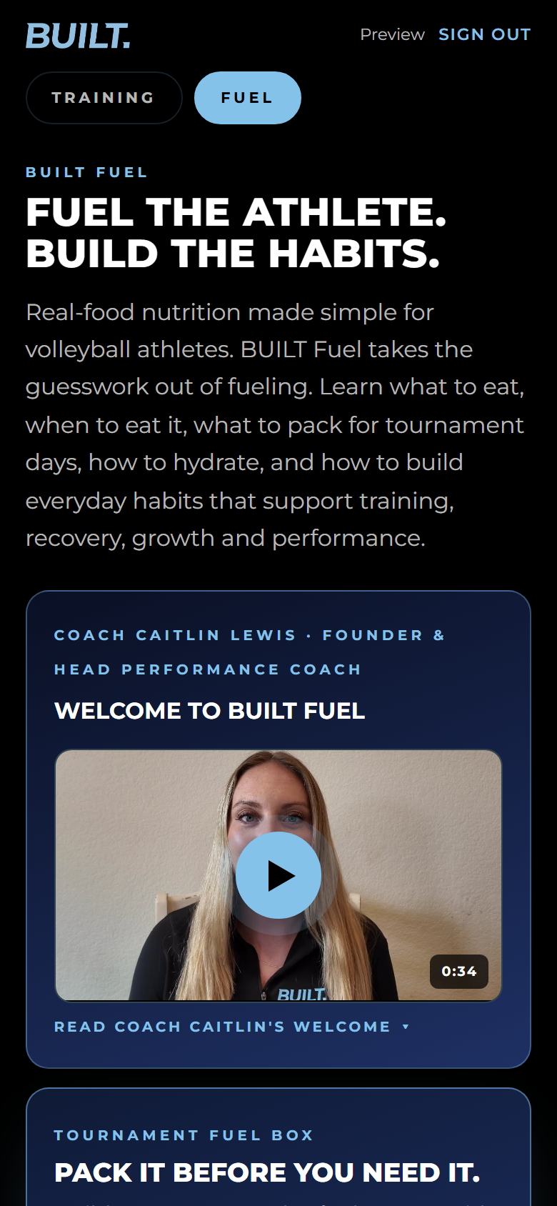 BUILT Fuel dashboard with Coach Caitlin's welcome video