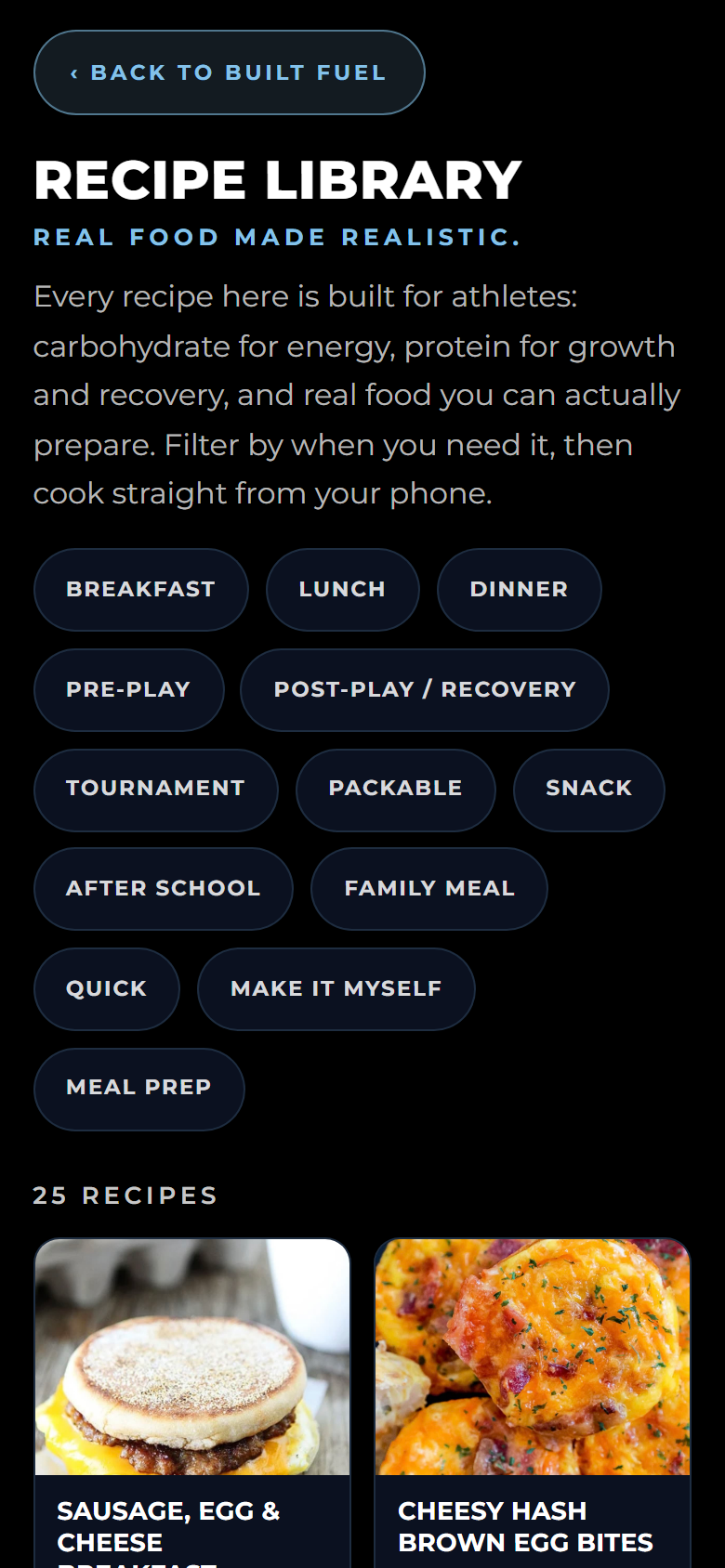 Recipe Library with filters and athlete-friendly recipes